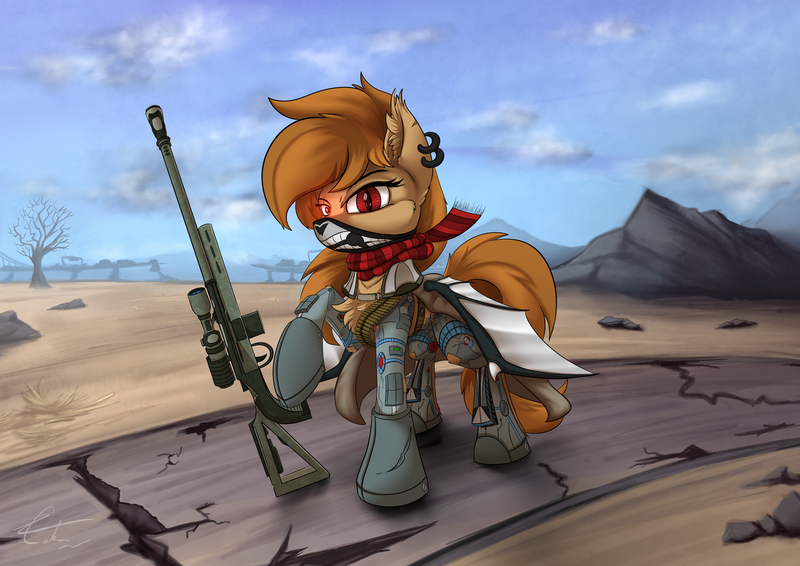 Size: 1280x905 | Tagged: safe, artist:calena, derpibooru import, oc, oc:pumpkin spice, unofficial characters only, bat pony, pony, fallout equestria, bat pony oc, bat wings, chest fluff, clothes, cloud, cyberpunk, dead tree, ear fluff, ear piercing, earring, fallout, fangs, female, gun, handgun, hooves, jewelry, looking at you, mare, piercing, pistol, raised hoof, revolver, road, scarf, scope, solo, tree, wasteland, weapon, wings