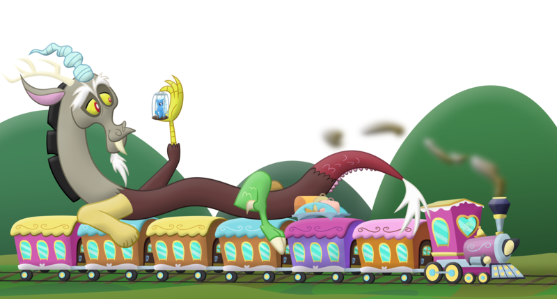 Size: 7022x3768 | Tagged: safe, artist:frogem, derpibooru import, derpy hooves, discord, trixie, draconequus, pegasus, pony, unicorn, absurd resolution, cage, friendship express, macro, simple background, train, transparent background