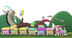 Size: 7022x3768 | Tagged: safe, artist:frogem, derpibooru import, derpy hooves, discord, trixie, draconequus, pegasus, pony, unicorn, absurd resolution, cage, friendship express, macro, simple background, train, transparent background