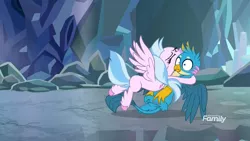 Size: 1920x1080 | Tagged: safe, derpibooru import, screencap, gallus, silverstream, classical hippogriff, gryphon, hippogriff, what lies beneath, cave, cute, diastreamies, discovery family logo, duo, female, gallabetes, glomp, hug, male, nightmare cave, paw pads, paws, shipping fuel, tackle, underpaw, wings