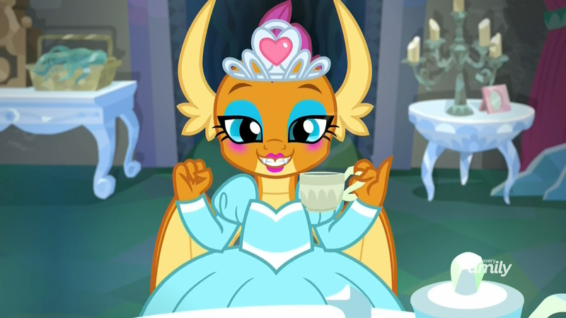 Size: 1920x1080 | Tagged: blushing, candlestick, clothes, crystal furniture, cup, derpibooru import, dragon, dragoness, dress, eyeshadow, female, food, happy, jewelry, lipstick, looking at you, makeup, nightmare cave, not an edit, princess smolder, safe, screencap, smiling, smolder, solo, table, tea, teacup, tea party, tiara, what lies beneath