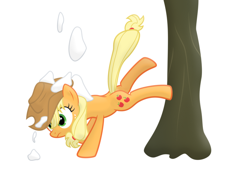 Size: 6723x4737 | Tagged: safe, artist:frogem, derpibooru import, applejack, earth pony, pony, absurd resolution, bucking, simple background, snow, snow on head, solo, transparent background, tree