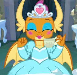 Size: 446x436 | Tagged: animated, blushing, candlestick, claws, clothes, cropped, cup, cute, derpibooru import, dragon, dragoness, dragon wings, dress, eyeshadow, fangs, female, food, gif, giggling, girly, happy, jewelry, lipstick, looking at you, makeup, nightmare cave, open mouth, princess smolder, safe, screencap, smiling, smolder, smolderbetes, solo, tea, teacup, tea party, teeth, tiara, what lies beneath, wings
