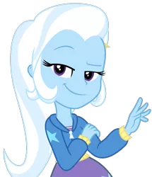 Size: 1055x1225 | Tagged: safe, artist:kingdark0001, derpibooru import, trixie, equestria girls, clothes, dress, female, hoodie, looking at you, raised eyebrow, simple background, skirt, smug, solo, transparent background