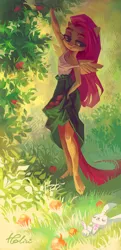 Size: 931x1920 | Tagged: safe, artist:holivi, derpibooru import, angel bunny, fluttershy, anthro, pegasus, plantigrade anthro, apple, apple tree, barefoot, clothes, dress, feet, female, food, mare, reaching, solo, tree