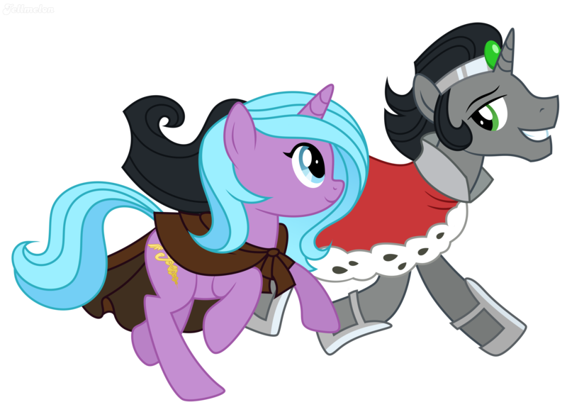 Size: 7922x5755 | Tagged: safe, artist:jellmelon, derpibooru import, idw, king sombra, radiant hope, pony, unicorn, siege of the crystal empire, absurd resolution, clothes, duo, female, good king sombra, male, mare, simple background, smiling, stallion, transparent background, vector