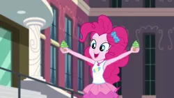 Size: 1280x720 | Tagged: safe, derpibooru import, screencap, pinkie pie, equestria girls, equestria girls series, text support, armpits, blue eyes, clothes, cupcake, cute, cutie mark, cutie mark on clothes, diapinkes, dress, female, food, frosting, geode of sugar bombs, image, jalapeño, jalapeño supernova cupcake, magical geodes, open mouth, open smile, pink hair, pink skin, png, rah rah skirt, smiling, tanktop