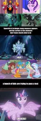 Size: 1103x3190 | Tagged: safe, derpibooru import, edit, edited screencap, screencap, gallus, lord tirek, ocellus, pony of shadows, queen chrysalis, sandbar, silverstream, smolder, starlight glimmer, tree of harmony, yona, changedling, changeling, changeling queen, dragon, gryphon, hippogriff, pony, yak, shadow play, the cutie re-mark, to where and back again, twilight's kingdom, what lies beneath, comic, female, mare, meh, op didn't even try, s5 starlight, screencap comic, sparkles, student six, text, treelight sparkle, welcome home twilight