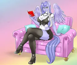 Size: 1280x1086 | Tagged: abstract background, alicorn, alicorn oc, alternate version, anthro, anthro oc, artist:skyraptor, belly button, big breasts, book, breasts, cleavage, clothes, crossed legs, derpibooru import, female, glasses, gradient background, high heels, horn, looking at you, oc, oc:mariah wolves, plantigrade anthro, safe, shoes, sitting, socks, solo, stockings, thigh highs, unofficial characters only, wings