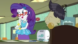 Size: 1280x720 | Tagged: safe, derpibooru import, screencap, cranky doodle donkey, rarity, equestria girls, equestria girls series, happily ever after party, bracelet, desk, geode of shielding, glasses, glasses rarity, happily ever after party: rarity, jewelry, magical geodes, paper, pencil, projector, rarity's glasses, smiling