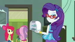 Size: 1280x720 | Tagged: safe, derpibooru import, screencap, apple bloom, rarity, scootaloo, sweetie belle, equestria girls, equestria girls series, happily ever after party, apple bloom's bow, bow, bracelet, canterlot high, cutie mark crusaders, female, glasses, glasses rarity, hair bow, happily ever after party: rarity, jewelry, looking at you, looking back, looking back at you, projector, rarity's glasses, siblings, sisters