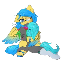 Size: 2000x2000 | Tagged: safe, artist:confetticakez, derpibooru import, oc, oc:diamond sharp, oc:soundful symphony, unofficial characters only, pegasus, pony, unicorn, biting, clothes, cuddling, cute, ear bite, female, glasses, hug, lesbian, oc x oc, ponytail, shipping, simple background, sleeping, snuggling, socks, stockings, thigh highs, transparent background