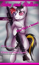 Size: 1700x2800 | Tagged: artist:elmutanto, barcode, bed, body pillow, body pillow design, broken horn, commission, derpibooru import, fallout equestria, gun, heterochromia, horn, humor, laying on bed, magazine, magazine cover, male, mg-42, mg42, oc, oc:heinrich hirsch, on back, on bed, porn magazine, silly, sling, solo, solo male, suggestive, unofficial characters only, weapon