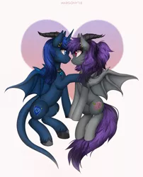 Size: 969x1200 | Tagged: safe, artist:margony, derpibooru import, oc, oc:wizzcore, unofficial characters only, alicorn, bat pony, dracony, dragon, hybrid, pony, alicorn oc, bat pony oc, bat wings, commission, cute, cute little fangs, digital art, dragon wings, fangs, female, flying, heart, horn, horns, looking at each other, male, mare, oc x oc, shipping, stallion, wings