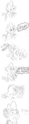 Size: 1280x5430 | Tagged: safe, artist:drutheredpanda, derpibooru import, spike, sweetie belle, dragon, pony, unicorn, 911, black and white, comic, confused, crayon, dialogue, duo, exclamation point, female, filly, funny, grayscale, implied drugs, interrobang, lineart, meme, microwave, monochrome, question mark, simple background, speech bubble, vine video, white background