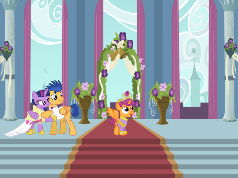 Size: 1024x768 | Tagged: safe, artist:turnaboutart, derpibooru import, flash sentry, scootaloo, twilight sparkle, twilight sparkle (alicorn), alicorn, alicornified, base used, clothes, coronation, coronation dress, crown, dress, female, flashlight, jewelry, male, race swap, regalia, rule 63, scootacorn, scooteroll, shipping, skatercorn, straight, suit