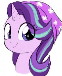 Size: 921x1132 | Tagged: safe, artist:moozua, derpibooru import, edit, starlight glimmer, ponified, pony, unicorn, equestria girls, mirror magic, spoiler:eqg specials, beanie, bust, equestria girls outfit, equestria girls ponified, female, hat, looking at you, mare, smiling, solo