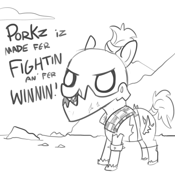 Size: 1280x1280 | Tagged: safe, artist:tjpones, derpibooru import, ponified, earth pony, ork, pony, armor, dat's orky, dialogue, grayscale, hogz, iron gob, lineart, monochrome, simple background, solo, waaagh!, warhammer (game), warhammer 40k, white background