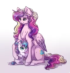 Size: 2161x2269 | Tagged: safe, artist:marbola, derpibooru import, princess cadance, princess flurry heart, alicorn, pony, cute, female, filly, fluffy, flurrybetes, mama cadence, mare, mother and child, mother and daughter, pregdance, pregnant