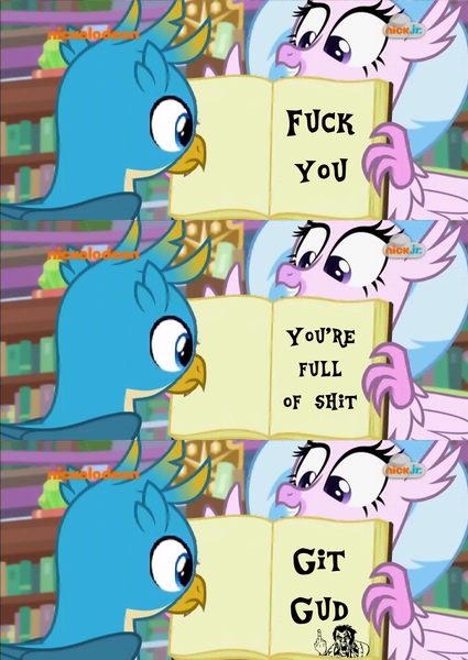 Size: 1046x1476 | Tagged: derpibooru import, doomguy, edit, edited screencap, exploitable meme, fuck you, gallus, git gud, meme, middle finger, nickelodeon, open book, reaction image, safe, screencap, silverstream, silverstream's book meme, vulgar, what lies beneath