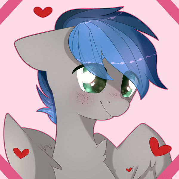 Size: 2000x2000 | Tagged: safe, artist:etoz, derpibooru import, oc, oc:kyran, pegasus, pony, blushing, bust, colt, commission, heart, male, wings, ych result