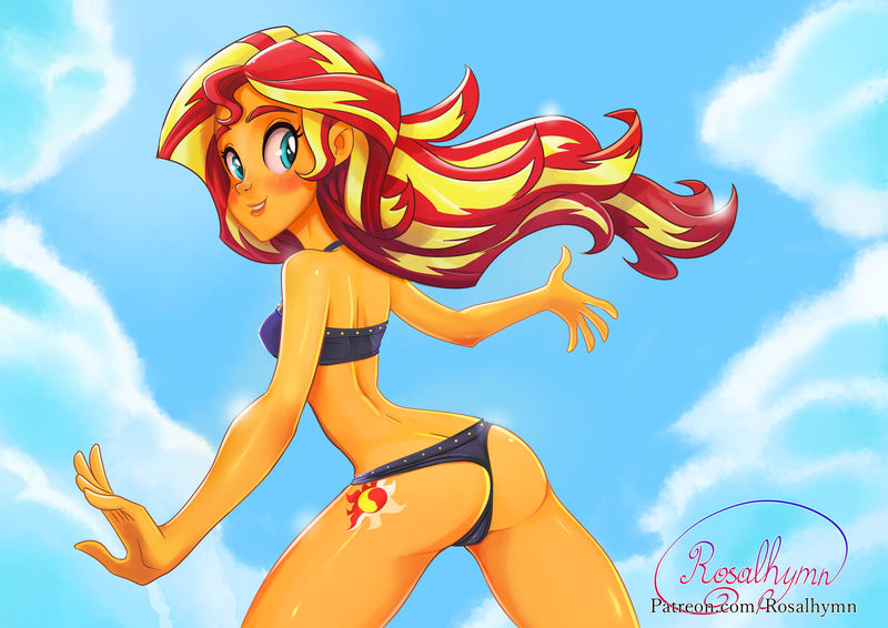 Size: 1697x1200 | Tagged: suggestive, artist:rosalhymn, derpibooru import, sunset shimmer, equestria girls, equestria girls series, forgotten friendship, adorasexy, advertisement, ass, bikini, breasts, bunset shimmer, butt, censored, clothes, cute, cutie mark, cutie mark on equestria girl, female, looking back, patreon, patreon logo, patreon preview, sexy, signature, smiling, solo, solo female, summer sunset, swimsuit, thong swimsuit