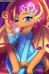 Size: 750x1125 | Tagged: alternate version, artist:lumineko, bedroom eyes, blushing, clothes, covering, crown, cup, cute, derpibooru import, dragon, dragoness, dragon horns, dragon wings, dress, female, heart, horn, horns, jewelry, lipstick, looking at you, nail polish, one eye closed, princess smolder, regalia, skirt, skirt lift, smolder, solo, spread wings, suggestive, teacup, toenail polish, upskirt denied, what lies beneath, wings
