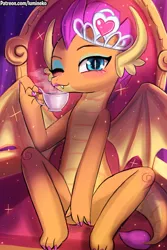 Size: 750x1125 | Tagged: alternate version, artist:lumineko, bedroom eyes, blushing, clothes, covering, crown, cup, cute, derpibooru import, dragon, dragoness, dragon horns, dragon wings, dress, female, heart, horn, horns, jewelry, lipstick, looking at you, nail polish, one eye closed, princess smolder, regalia, smolder, solo, spread wings, suggestive, teacup, toenail polish, what lies beneath, wings