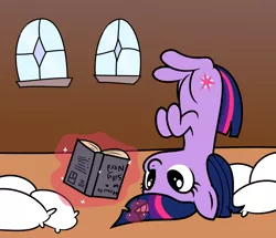 Size: 2500x2150 | Tagged: safe, artist:slb94, artist:tjpones, derpibooru import, twilight sparkle, pony, unicorn, adorkable, book, cute, dork, glowing horn, horn, magic, nerd, pillow, reading, silly, silly pony, solo, telekinesis, twiabetes, unicorn twilight, upside down