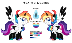 Size: 3700x2200 | Tagged: safe, artist:eyesorefortheb, deleted from derpibooru, derpibooru import, oc, oc:hearts desire, alicorn, pony, alicorn oc, base used, colored hooves, glowing horn, horn, multicolored hair, rainbow hair, rainbows, reference sheet, simple background, solo, transparent background, wings