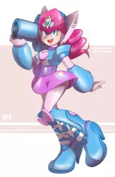 Size: 1741x2682 | Tagged: safe, artist:thegreatrouge, derpibooru import, pinkie pie, robot, equestria girls, axl, clothes, crossover, megaman, megaman x, party cannon, reploid, skirt, solo