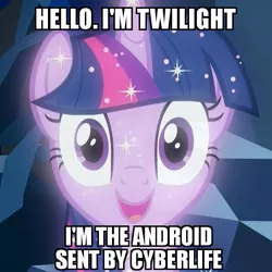 Size: 539x539 | Tagged: safe, derpibooru import, edit, edited screencap, screencap, tree of harmony, pony, what lies beneath, bust, cave, connor, cropped, cyberlife, detroit: become human, female, mare, meme, smiling, solo, sparkles, treelight sparkle