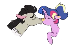 Size: 1024x659 | Tagged: safe, artist:ashidaii, derpibooru import, oc, oc:celestial spark, oc:entropy, draconequus, hybrid, pony, unicorn, female, interspecies, interspecies offspring, kissing, male, mare, offspring, parent:discord, parent:flash sentry, parent:princess celestia, parent:twilight sparkle, parents:dislestia, parents:flashlight, simple background, straight, transparent background