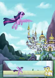 Size: 1489x2105 | Tagged: alicorn, armor, artist:rysunkowasucharia, balcony, canterlot, canterlot castle, cloud, comic, comic:curse and madness, derpibooru import, flying, helmet, mlpcam, mountain, mountain range, royal guard, safe, scenery, sky, twilight sparkle, twilight sparkle (alicorn)