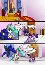 Size: 1400x2000 | Tagged: alicorn, artist:shido-tara, canterlot castle, clothes, comic, comic:curse and madness, derpibooru import, mlpcam, peytral, princess celestia, princess luna, safe, shoes, stained glass, stained glass window, tapestry, text bubbles, throne, throne room, twilight sparkle, twilight sparkle (alicorn)