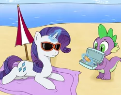 Size: 1694x1330 | Tagged: safe, artist:kirr12, derpibooru import, rarity, spike, dragon, pony, unicorn, beach, duo, female, magic, male, mare, ocean, sand, shipping, sparity, straight, summer, sunglasses, umbrella