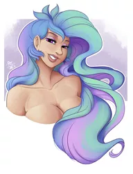 Size: 2000x2600 | Tagged: abstract background, artist:ponut_joe, bare shoulder portrait, bare shoulders, big breasts, breasts, bust, busty princess celestia, cleavage, derpibooru import, eyeshadow, female, human, humanized, implied nudity, lidded eyes, looking at you, makeup, portrait, princess celestia, smiling, solo, solo female, suggestive