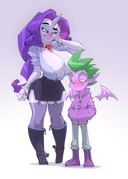 Size: 634x885 | Tagged: suggestive, artist:bigdad, derpibooru import, rarity, spike, dragon, human, absolute cleavage, big breasts, blushing, breasts, busty rarity, cleavage, clothes, eyes on the prize, female, fire ruby, gem, horn, horned humanization, huge breasts, human facial structure, humanized, impossibly large breasts, male, ruby, shipping, simple background, size difference, sparity, straight, winged spike