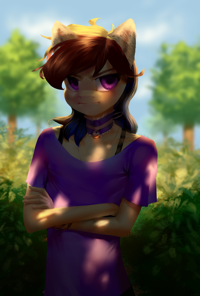 Size: 2000x2949 | Tagged: angry, anthro, anthro oc, artist:klooda, blurred background, blushing, bush, day, derpibooru import, femboy, forest, frown, halfbody, male, oc, oc:agap, safe, soft shading, solo, tsundere, unofficial characters only