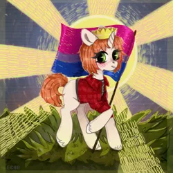 Size: 1000x1000 | Tagged: safe, artist:echo, derpibooru import, oc, oc:etoz, unofficial characters only, pony, unicorn, bisexual pride flag, bisexuality, blushing, clothes, crown, female, flag, jewelry, lgbt, majestic, pride, pride flag, regalia, shirt