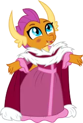 Size: 1012x1500 | Tagged: artist:cloudyglow, beauty and the beast, belle, blushing, cape, claws, clothes, cosplay, costume, cute, derpibooru import, disney, dragon, dragoness, dragon wings, dress, fangs, female, open mouth, princess smolder, safe, simple background, smolder, smolder also dresses in style, smolderbetes, solo, transparent background, what lies beneath, wings