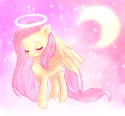 Size: 3052x2845 | Tagged: safe, artist:hancia, derpibooru import, fluttershy, pegasus, pony, angel, blushing, crescent moon, cute, eyes closed, female, fluttershy the angel, halo, mare, moon, shyabetes, smiling, solo, spread wings, transparent moon, wings