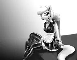 Size: 1650x1275 | Tagged: anthro, anthro oc, artist:warskunk, breasts, clothes, cuffs, derpibooru import, female, latex, looking at you, maid, monochrome, oc, oc:cutting chipset, pegasus, rule 63, safe, simple background, sitting, socks, thigh highs, unofficial characters only