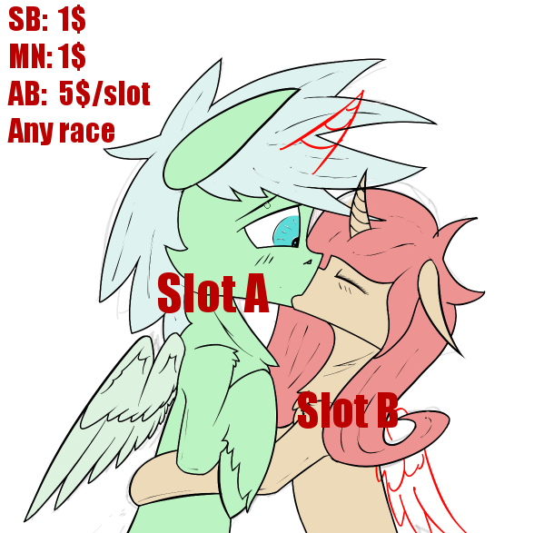 Size: 599x587 | Tagged: safe, artist:bitrate16, derpibooru import, pegasus, pony, unicorn, advertisement, auction, commission, female, hug, kissing, male, straight, your character here