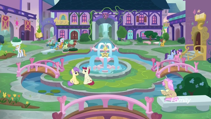 Size: 1920x1080 | Tagged: safe, derpibooru import, screencap, berry blend, berry bliss, berry sweet, citrine spark, fire quacker, gallus, november rain, ocellus, sandbar, silverstream, smolder, strawberry scoop, sugar maple, summer meadow, yona, earth pony, pegasus, pony, unicorn, what lies beneath, background pony, female, fountain, friendship student, garden, male, mare, school of friendship, stallion, student six