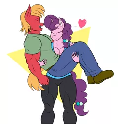 Size: 1074x1124 | Tagged: safe, artist:matchstickman, derpibooru import, big macintosh, sugar belle, anthro, earth pony, plantigrade anthro, unicorn, biceps, bridal carry, carrying, clothes, deltoids, eyes closed, female, femdom, heart, jeans, male, malesub, mare, muscles, pants, shipping, shirt, shoes, simple background, stallion, straight, submissive, sugar barbell, sugarmac, thighs, thunder thighs, triceps, white background
