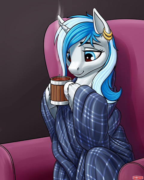 Size: 1536x1920 | Tagged: safe, artist:wwredgrave, derpibooru import, oc, oc:snowflake, pony, unicorn, beverage, blanket, chair, commission, cup, drink, ear piercing, female, food, hoof hold, piercing, sitting, solo, tea