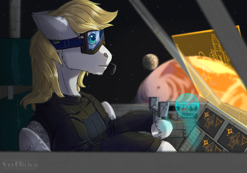 Size: 1200x838 | Tagged: safe, artist:marinavermilion, derpibooru import, oc, oc:cutting chipset, unofficial characters only, pegasus, pony, clothes, cockpit, goggles, hologram, male, planet, screen, space, spaceship