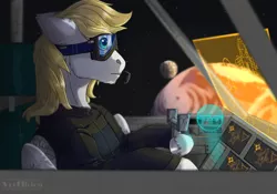 Size: 1200x838 | Tagged: safe, artist:marinavermilion, derpibooru import, oc, oc:cutting chipset, unofficial characters only, pegasus, pony, clothes, cockpit, goggles, hologram, male, planet, screen, space, spaceship