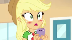 Size: 1920x1080 | Tagged: safe, derpibooru import, screencap, applejack, equestria girls, equestria girls series, rollercoaster of friendship, blushing, phone, solo